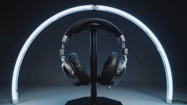 Modern headphones on stand with neon arch light display audio sound music technology