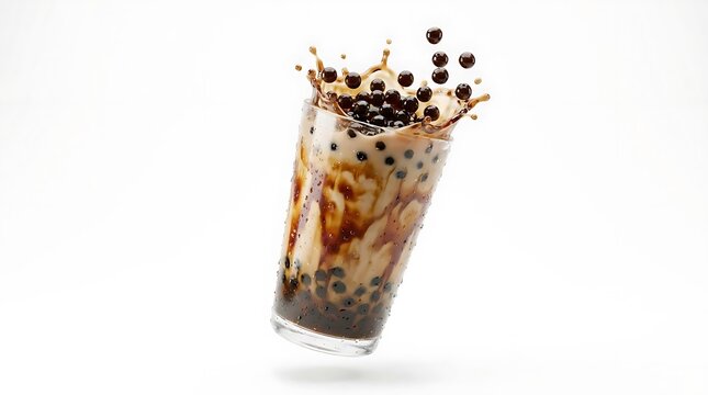 Splashing milk bubble tea with tapioca pearls.