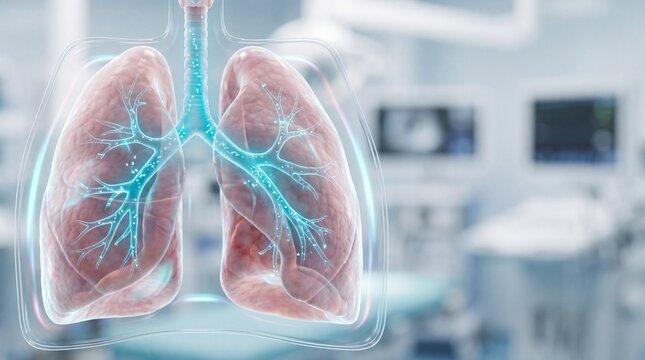 Digital illustration of human lungs anatomy with glowing bronchial system with bronchial structures with lungs