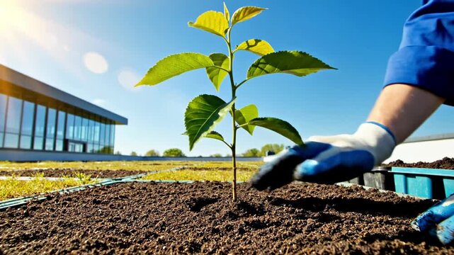 Worker planting sapling in soil on building rooftop.