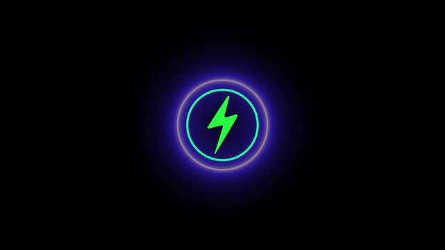 Neon glowing battery charging icon animation with neon circle. Neon power button icon color glowing colorful animation in black background, 4k video.