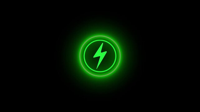 Neon glowing battery charging icon animation with neon circle. Neon power button icon color glowing colorful on alpha transparent background.