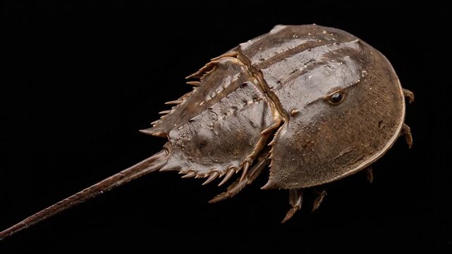 Horseshoe Crab Moving Slowly Isolated Against A Solid Black Background