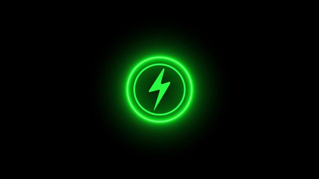 Neon glowing battery charging icon animation with neon circle. Neon power button icon color glowing colorful,animation on black background.