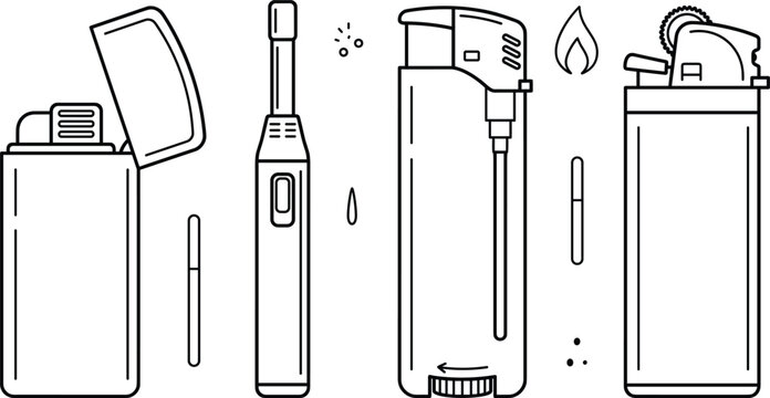 Cigarette lighter line art vector icons set featuring classic metal flip top gas and electric kitchen fire lighters.