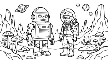 Friendly Robot and Astronaut on Alien Planet with Strange Mushrooms and Saturn in Sky, Black and White Line Art Illustration for Coloring © Aldi
