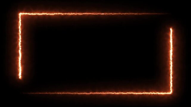 Fire neon light rectangle frame loop animated background. Burning neon lights frame box animation seamless loop, alpha channel. Fire line glowing rectangle border motion animate 4k video.