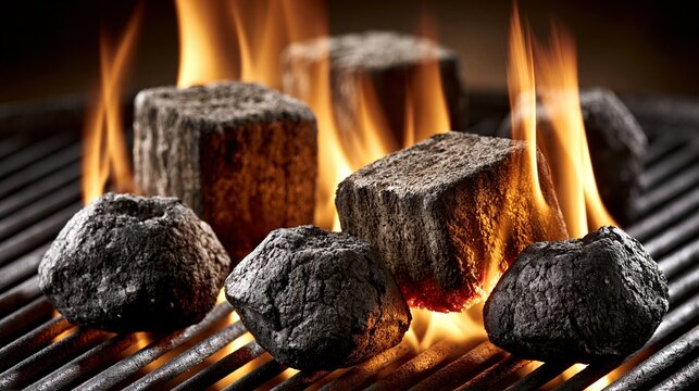 Glowing embers and flames ignite charcoal briquettes on a metal grill grate.