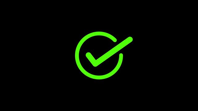 Green check mark on black background, checkmark animation symbol, yes approve choice, approved tick mark, verified symbol, yes icon,on alpha transparent background.