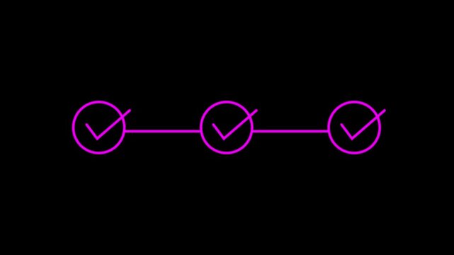 abstract 3 step infographic process with check mark icon animation. Step-by-step process icon animation on black background, process success with check on alpha transparent background.