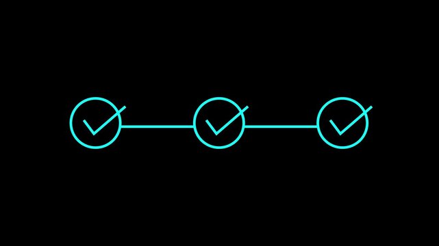 abstract 3 step infographic process with check mark icon animation. Step-by-step process icon animation on black background, process success with check on alpha transparent background.