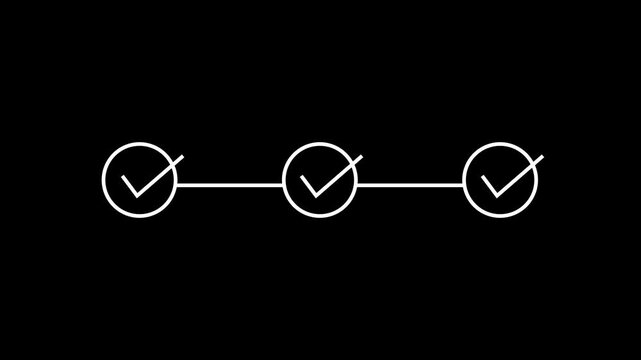 abstract 3 step infographic process with check mark icon animation. Step-by-step process icon animation on black background, process success with check on alpha transparent background.