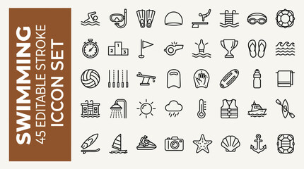 Outlined swimming icon collection featuring aquatic gear, sports equipment, and leisure symbols arranged in clean grid for professional design use © Aoni