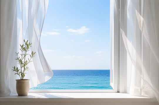 Open Window with Sheer Curtains Overlooking Calm Blue Ocean, Summer Vacation Background