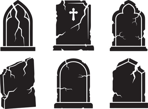Spooky Halloween gravestone silhouettes set, cracked stone tombstone icons with cross, 6 cemetery headstone vector elements for gothic design