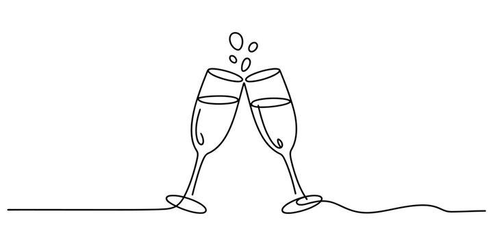 Continuous single line drawing of two champagne glasses clinking together for celebration Vector, illustration