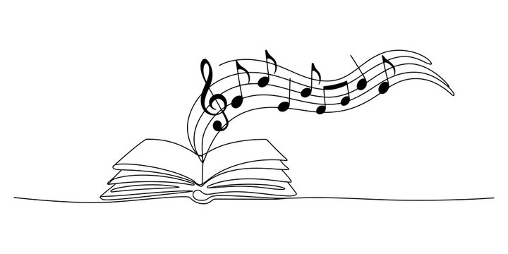 Open book with musical notes floating out in a black and white line drawing