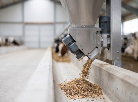 Automated feeding machine dispensing pellet feed into a concrete trough on a modern dairy farm