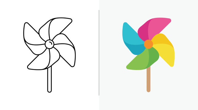 Colorful pinwheel toy and line art for coloring.