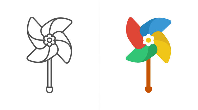 Colorful pinwheel wind spinner vector outline and flat color.