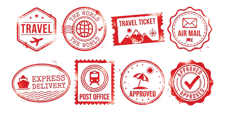 Set of red travel stamps and post office symbols with airplanes and ships