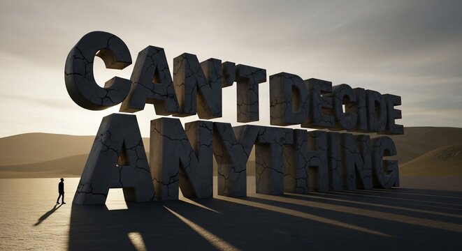 A solitary person standing before massive 3D text that reads Cant Decide Anything in a desolate landscape.