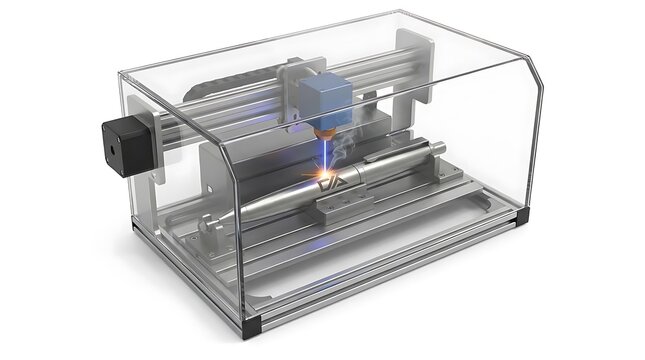Desktop laser engraver machine with protective clear enclosure.
