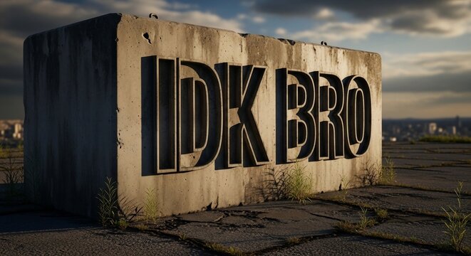 Large bold text IDK BRO on a weathered concrete block wall.