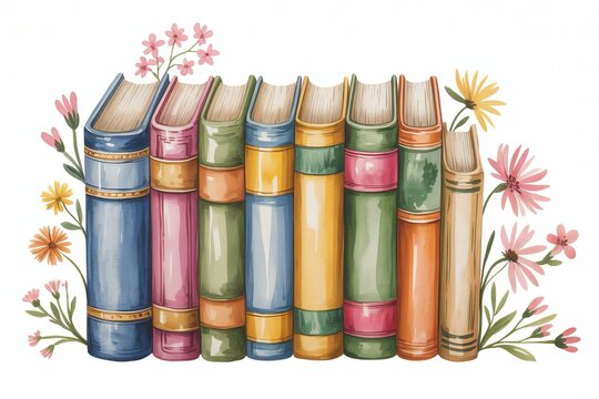 A row of colorful vintage books standing upright, decorated with delicate watercolor flowers and green leaves on a plain white background
