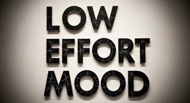 Black letters on white wall spelling the phrase Low Effort Mood.