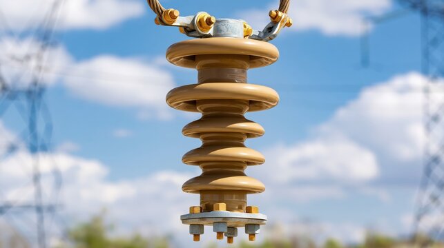 Electrical ceramic insulator suspended outdoors against a sky background.