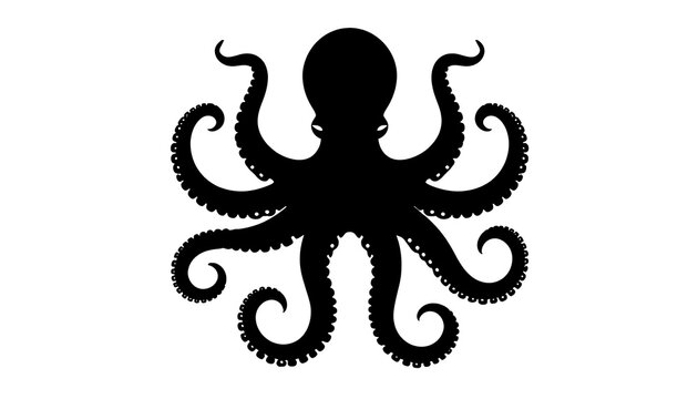 Bold black octopus silhouette. Minimalist marine animal icon with eight tentacles spread.