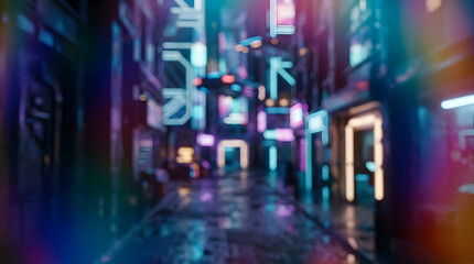 Naklejka premium Cyberpunk city street style out of focus neon light leak overlay