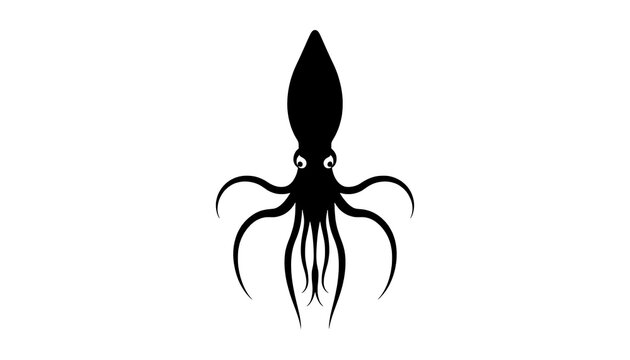 Black silhouette of a squid. Minimalist marine animal icon on white background.