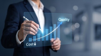 Obraz premium Business executive using digital pen drawing upward trending bar chart on transparent glass screen representing balance between increasing product quality and decreasing production costs