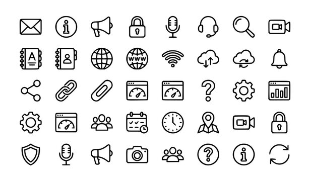 Editable Stroke Communication and Website UI Outline Icons Collection Flat Vector Set