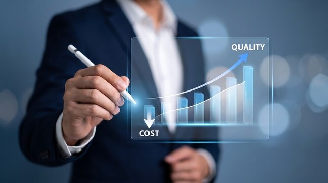 Business executive using digital pen to interact with virtual bar chart showing rising quality and decreasing cost metrics for corporate optimization strategy and operational efficiency