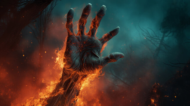 Burning Undead Hand Rising Through Dark Smoke