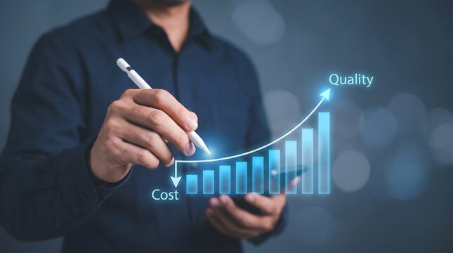 Business professional using stylus to draw digital bar chart showing decreasing operational cost alongside increasing service quality metrics for corporate strategic planning
