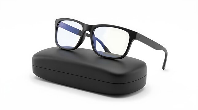 Black frame eyeglasses resting on a hard case.