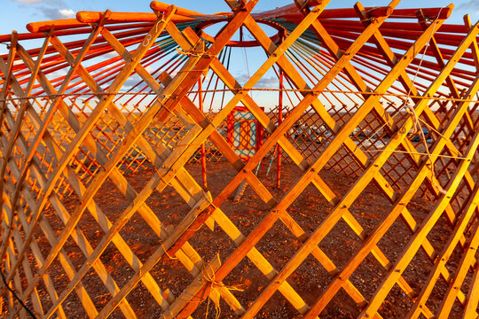 Wooden frame of a Mongolian ger