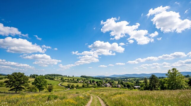 Scenic view of a lush green countryside valley with a winding dirt path, rolling hills, small village, and a bright blue sky filled with white clouds