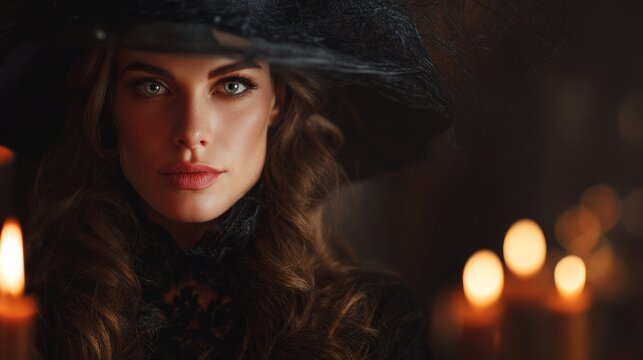 Enchanting witch wearing hat with burning candles