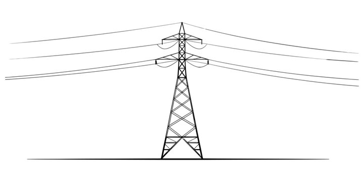Black and white line drawing of a tall metal electric power transmission tower with electrical cables isolated on a clean white background Vector, illustration