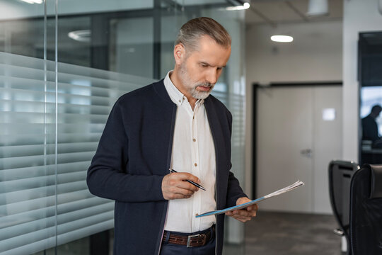 Smiling handsome businessman manager standing in office with documents