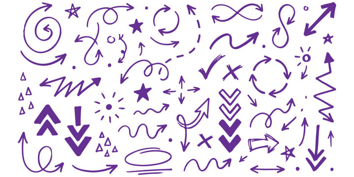 Set of hand drawn arrows and doodle shapes in purple and black ink style