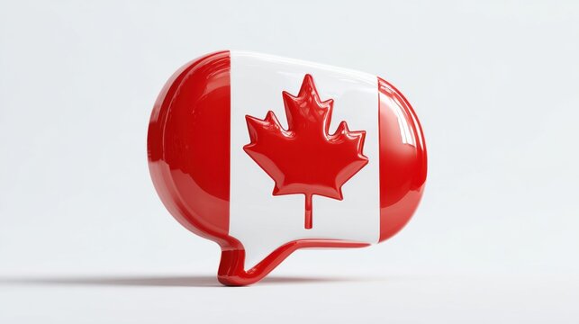 3D glossy speech bubble with Canadian flag maple leaf design on white