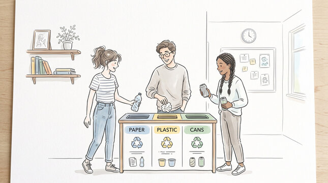 Students sorting recycling near classroom bin with detailed labels  