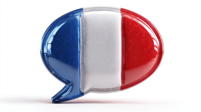 Glossy 3D speech bubble with French flag tricolor design on white background