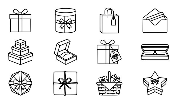 Corporate gift line icon set with professional vector linear symbols for luxury product packaging premium rewards and high end retail branding